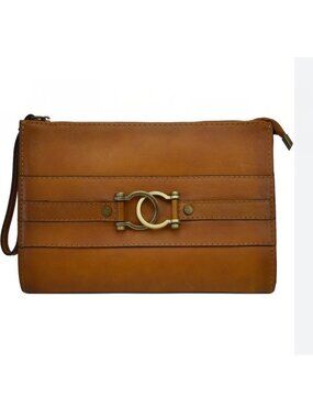 PRATESI Firenze italian leather large clutch pouch wristlet -Whiskey  Tan